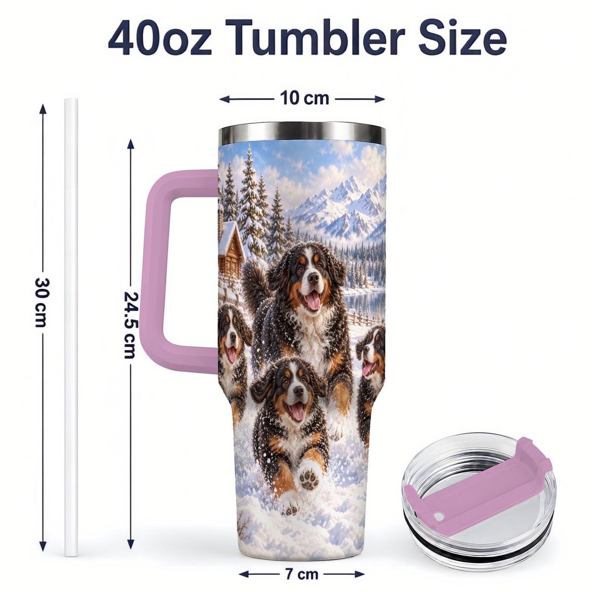 #pl[40oz|Pink] Winter Bernese Mountain Dogs Tumbler 40oz, Mountain Snow Scene
