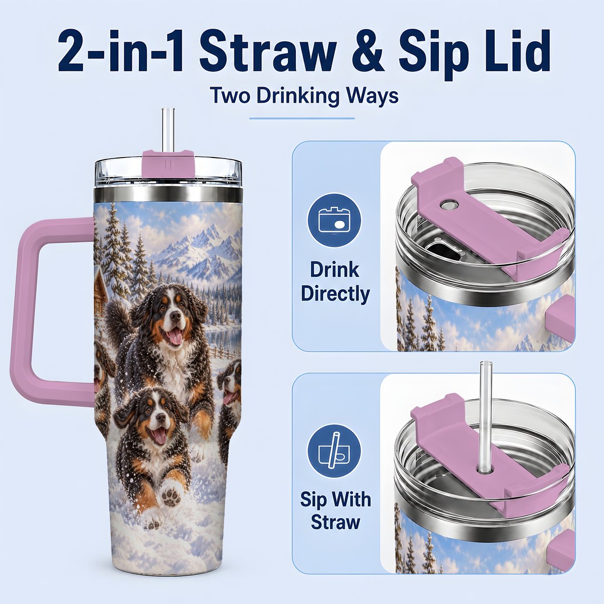 #pl[40oz|Pink] Winter Bernese Mountain Dogs Tumbler 40oz, Mountain Snow Scene