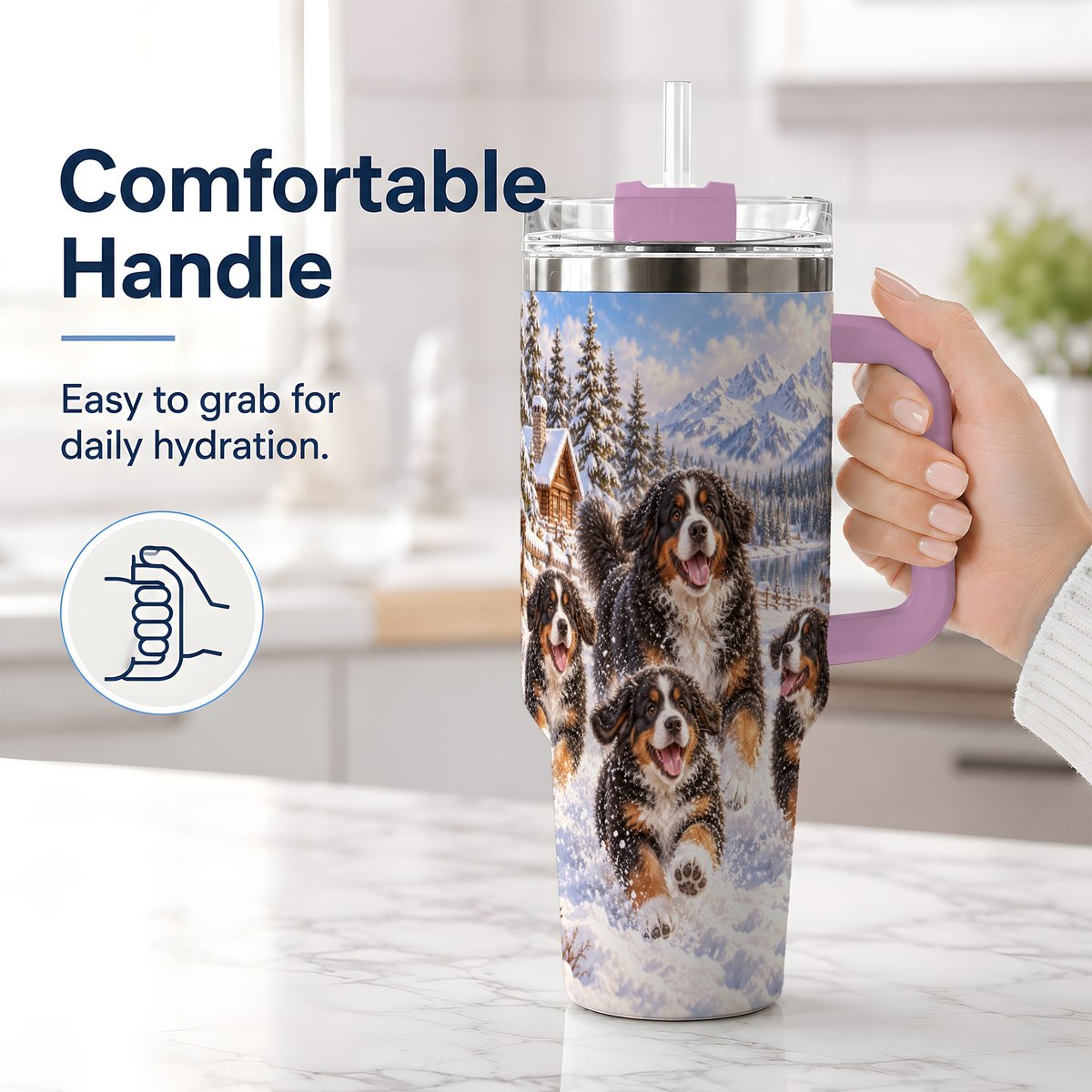 #pl[40oz|Pink] Winter Bernese Mountain Dogs Tumbler 40oz, Mountain Snow Scene