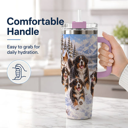 #pl[40oz|Pink] Winter Bernese Mountain Dogs Tumbler 40oz, Mountain Snow Scene