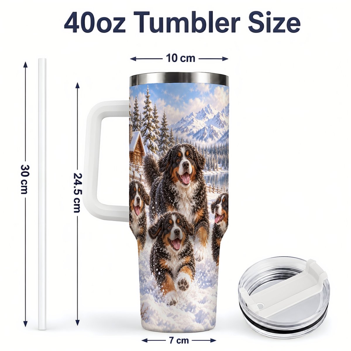 #pl[40oz|White] Winter Bernese Mountain Dogs Tumbler 40oz, Mountain Snow Scene