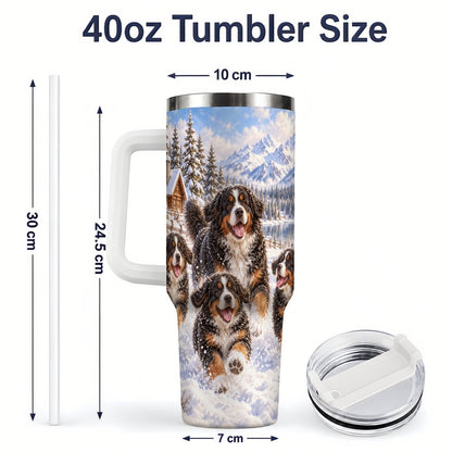 #pl[40oz|White] Winter Bernese Mountain Dogs Tumbler 40oz, Mountain Snow Scene