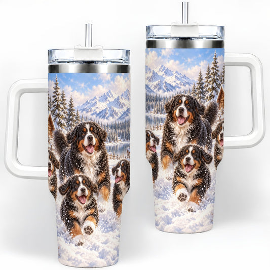 Winter Bernese Mountain Dogs Tumbler 40oz, Mountain Snow Scene