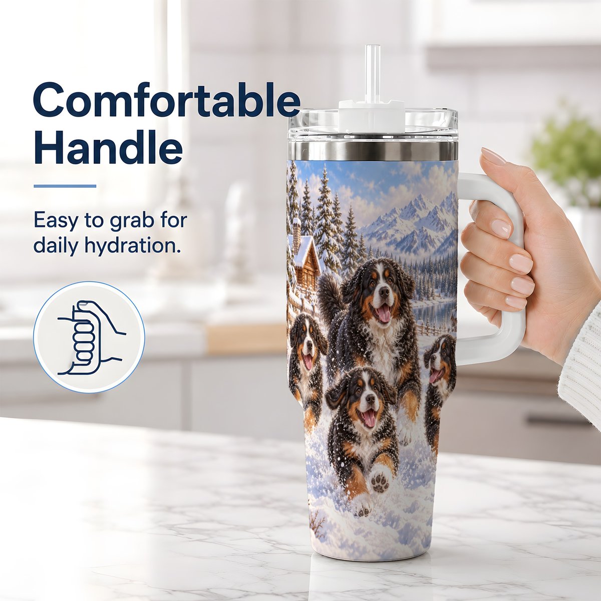 #pl[40oz|White] Winter Bernese Mountain Dogs Tumbler 40oz, Mountain Snow Scene