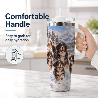 #pl[40oz|White] Winter Bernese Mountain Dogs Tumbler 40oz, Mountain Snow Scene