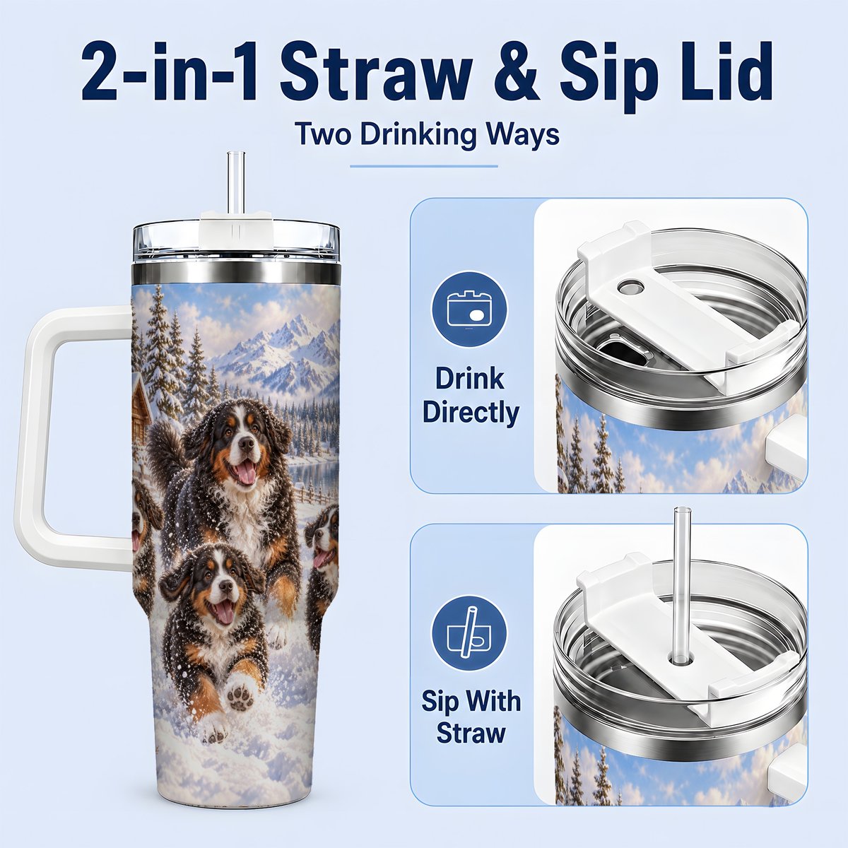#pl[40oz|White] Winter Bernese Mountain Dogs Tumbler 40oz, Mountain Snow Scene