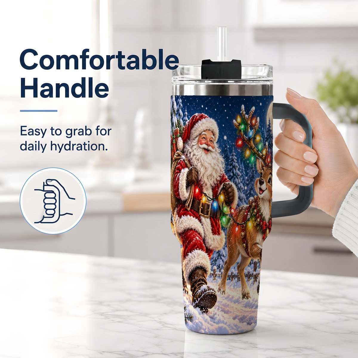 #pl[40oz|Black] Santa Claus Reindeer Tumbler 40oz, Festive Winter Artwork