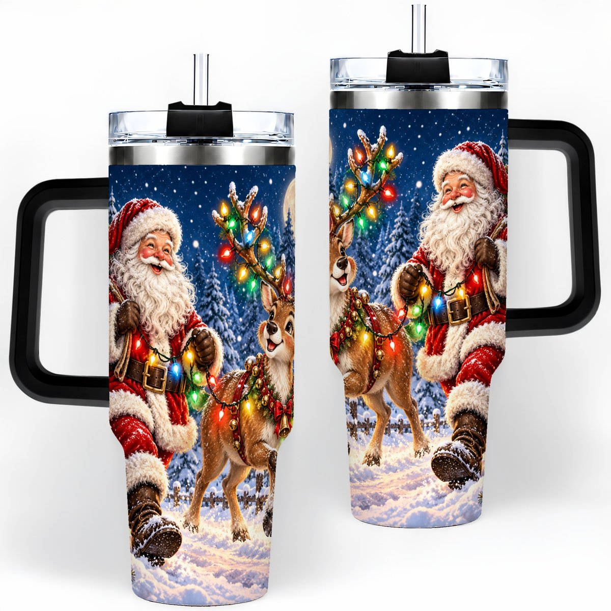 #pl[40oz|Black] Santa Claus Reindeer Tumbler 40oz, Festive Winter Artwork