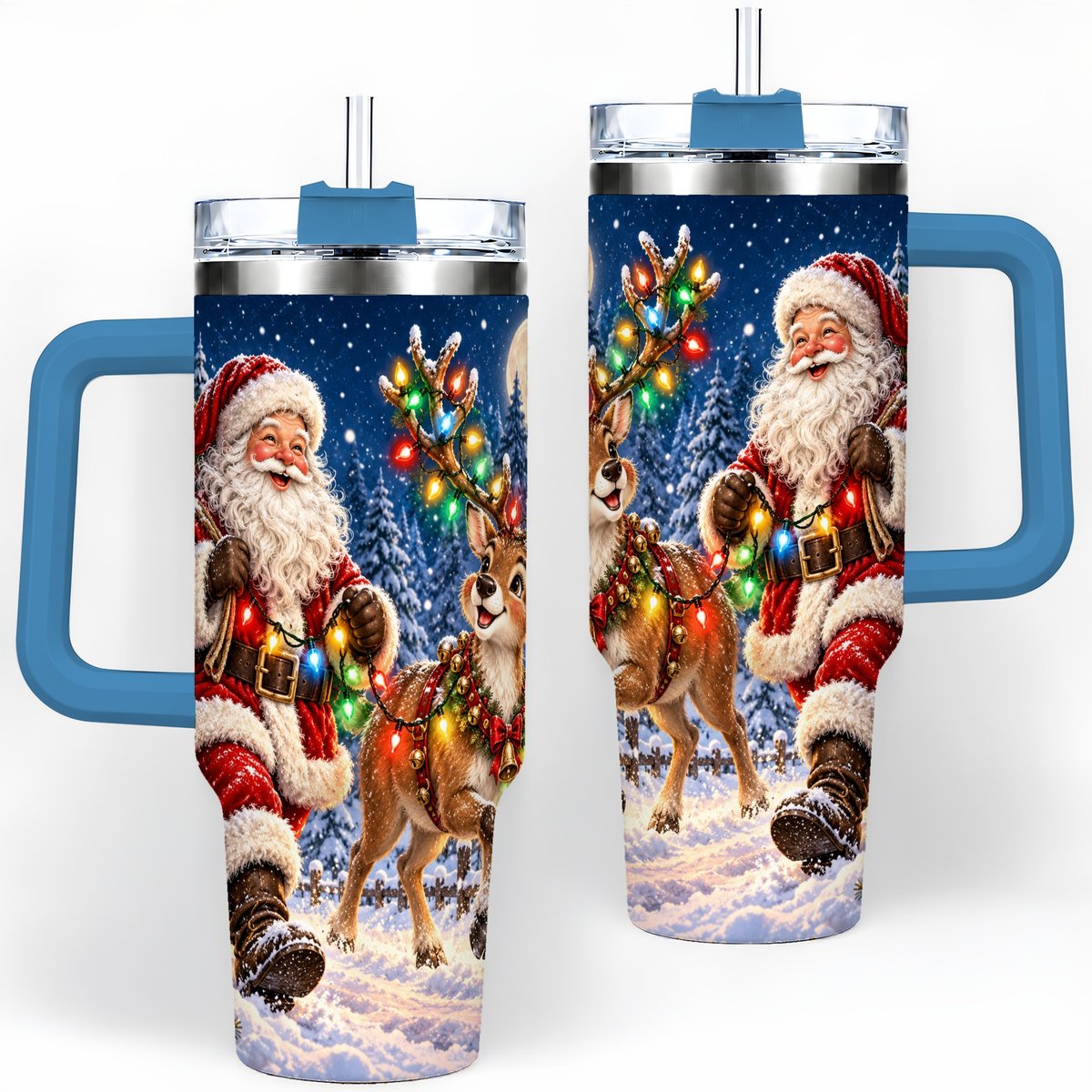 #pl[40oz|Blue] Santa Claus Reindeer Tumbler 40oz, Festive Winter Artwork