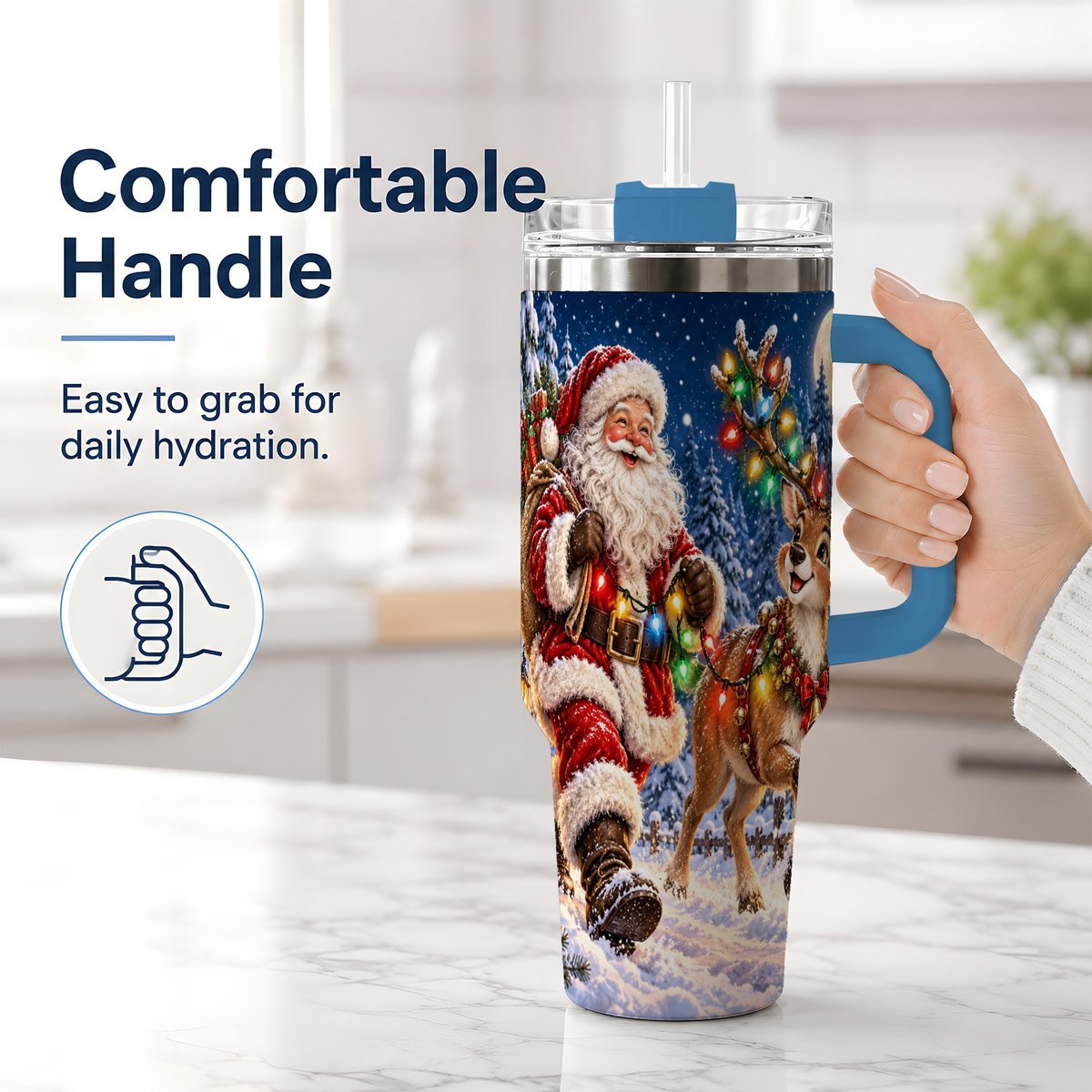 #pl[40oz|Blue] Santa Claus Reindeer Tumbler 40oz, Festive Winter Artwork