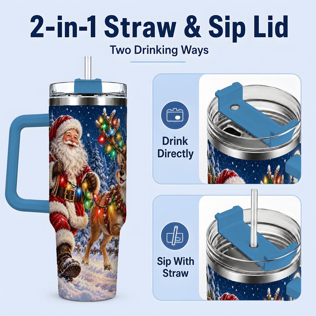 #pl[40oz|Blue] Santa Claus Reindeer Tumbler 40oz, Festive Winter Artwork
