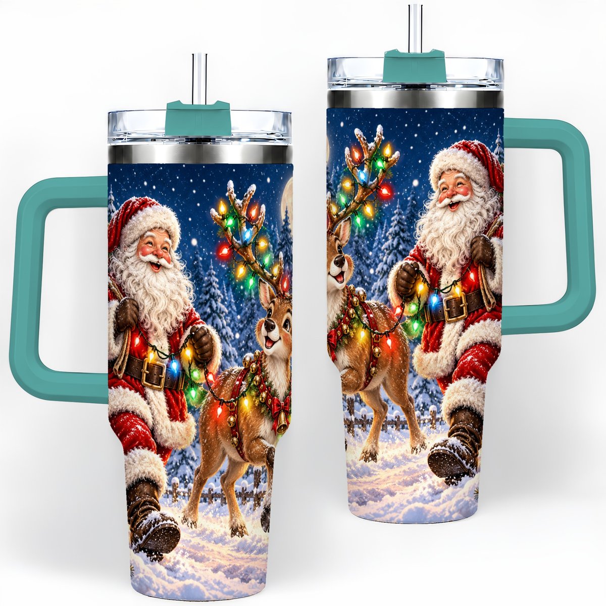 #pl[40oz|Green] Santa Claus Reindeer Tumbler 40oz, Festive Winter Artwork