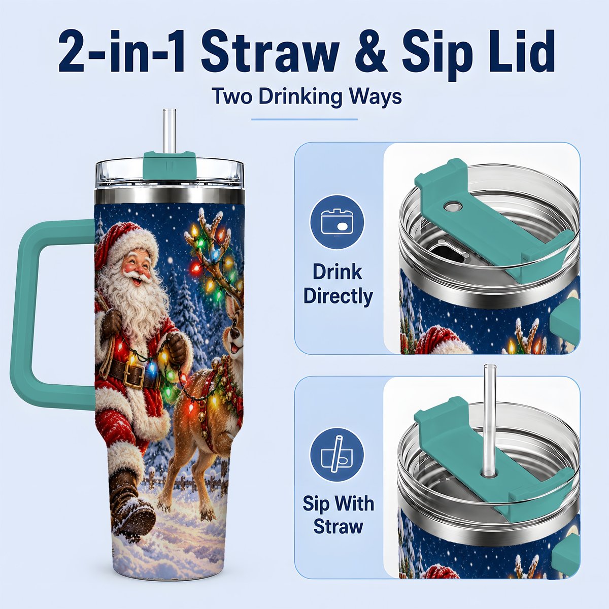 #pl[40oz|Green] Santa Claus Reindeer Tumbler 40oz, Festive Winter Artwork