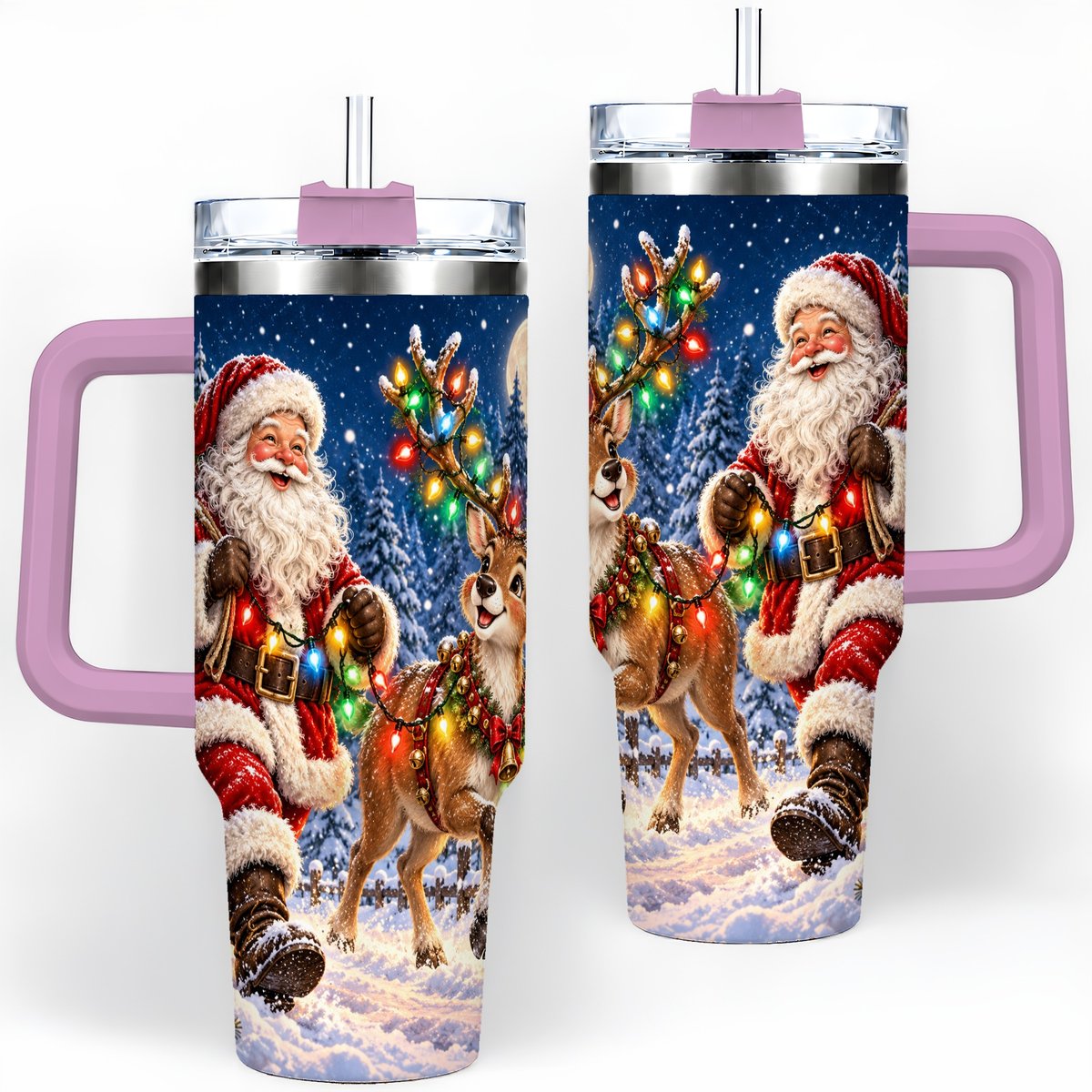 #pl[40oz|Pink] Santa Claus Reindeer Tumbler 40oz, Festive Winter Artwork