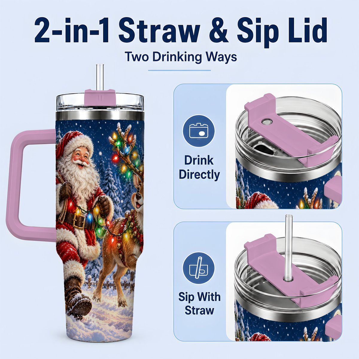 #pl[40oz|Pink] Santa Claus Reindeer Tumbler 40oz, Festive Winter Artwork