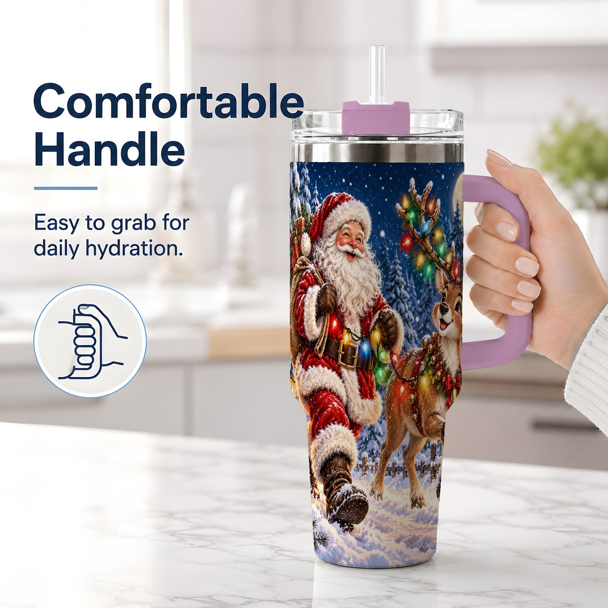 #pl[40oz|Pink] Santa Claus Reindeer Tumbler 40oz, Festive Winter Artwork