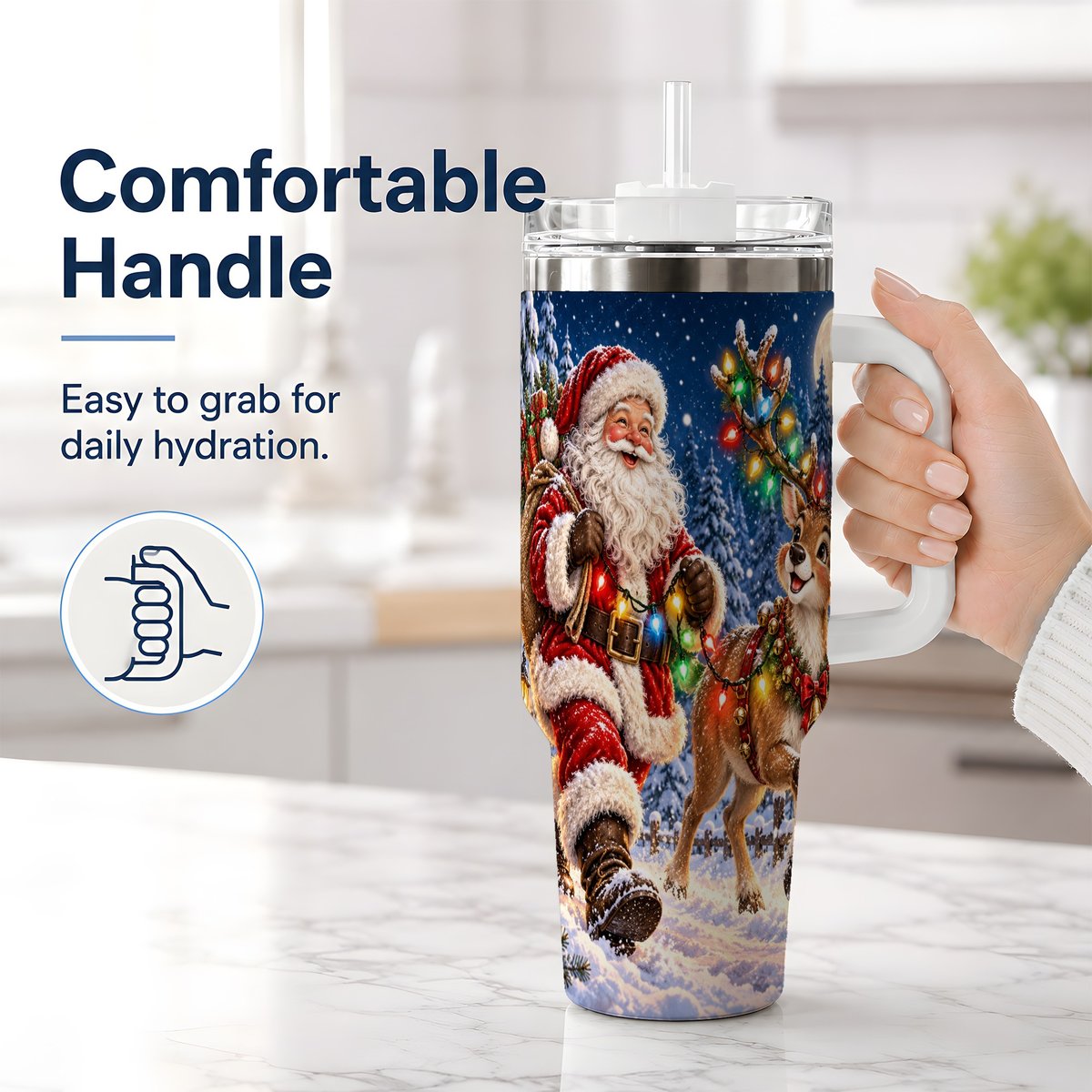 #pl[40oz|White] Santa Claus Reindeer Tumbler 40oz, Festive Winter Artwork