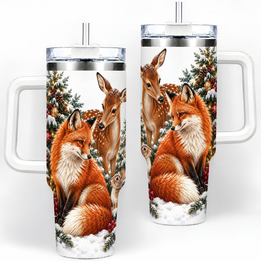 Christmas Woodland Animals Tumbler 40oz, Snowy Forest Scene