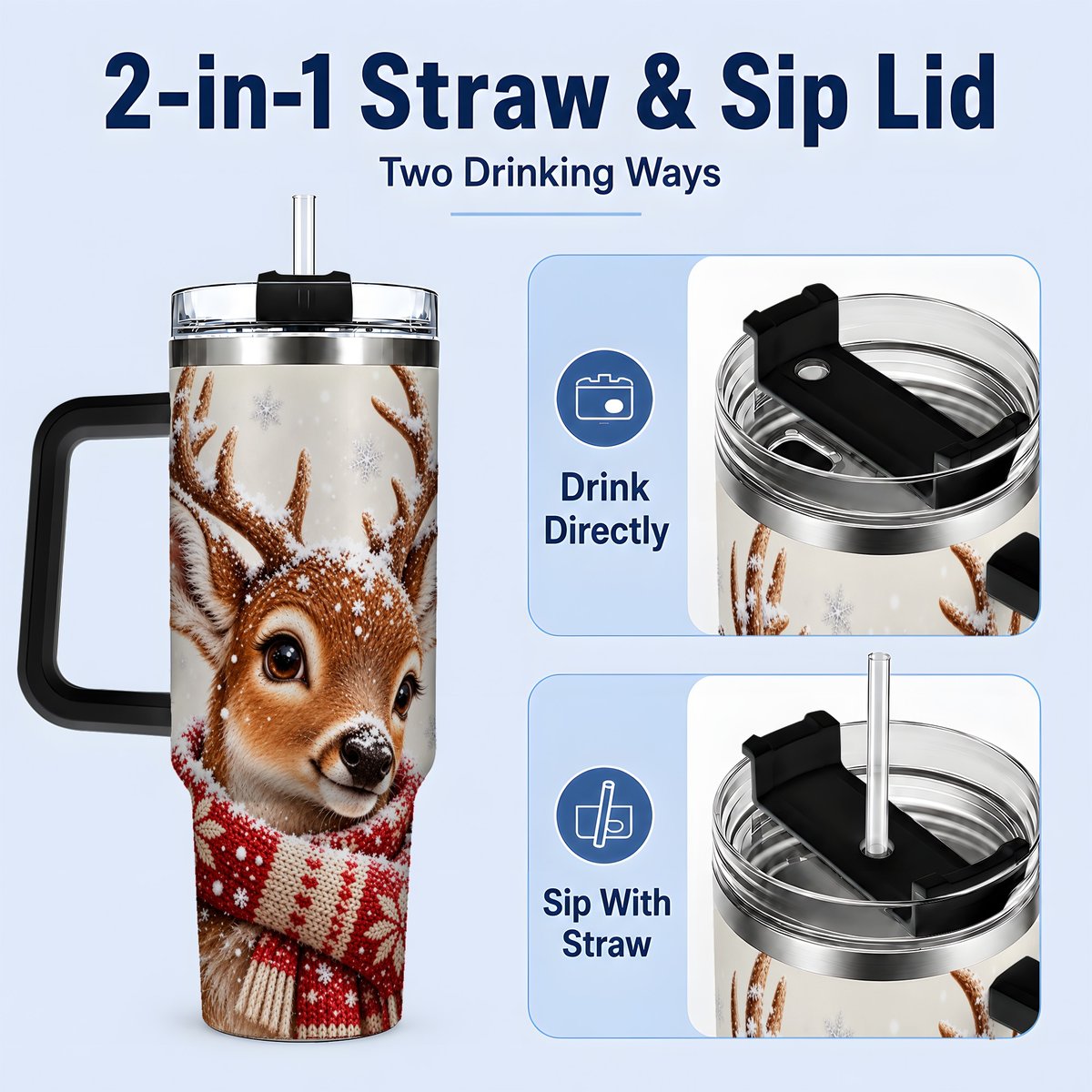 #pl[40oz|Black] Snowy Deer Tumbler 40oz, Knitted Scarf-Style Artwork