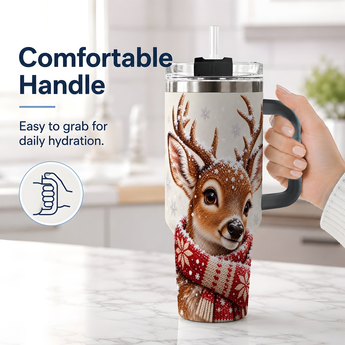 #pl[40oz|Black] Snowy Deer Tumbler 40oz, Knitted Scarf-Style Artwork