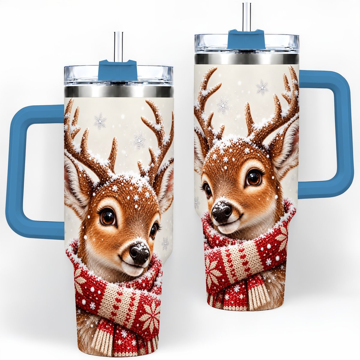 #pl[40oz|Blue] Snowy Deer Tumbler 40oz, Knitted Scarf-Style Artwork