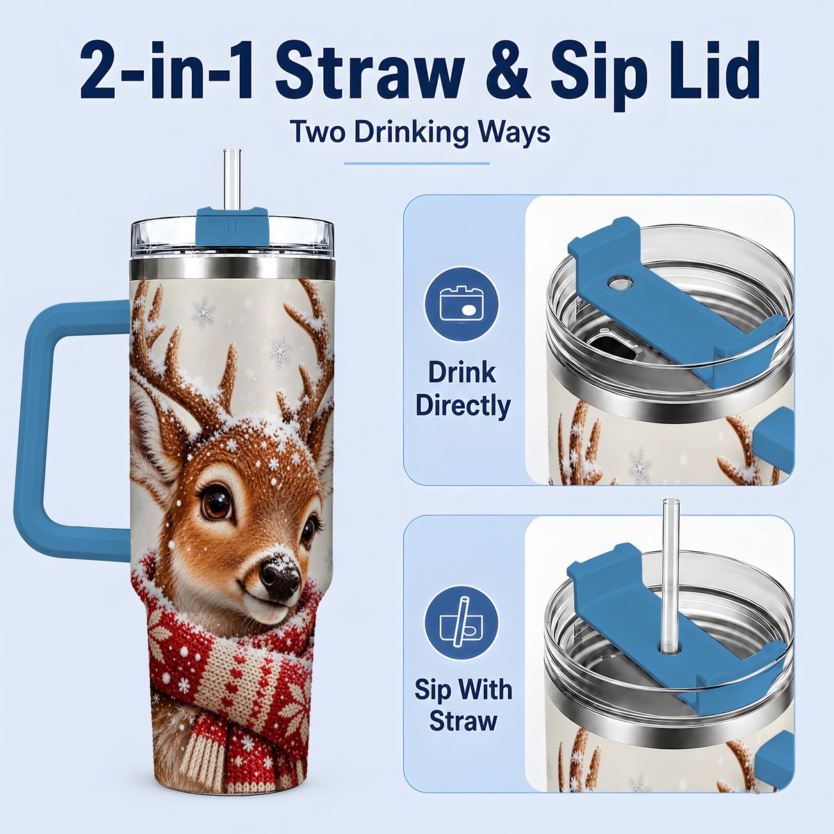 #pl[40oz|Blue] Snowy Deer Tumbler 40oz, Knitted Scarf-Style Artwork