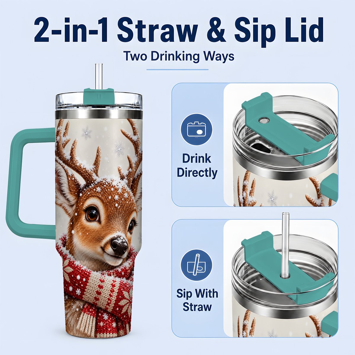 #pl[40oz|Green] Snowy Deer Tumbler 40oz, Knitted Scarf-Style Artwork