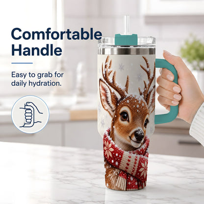 #pl[40oz|Green] Snowy Deer Tumbler 40oz, Knitted Scarf-Style Artwork