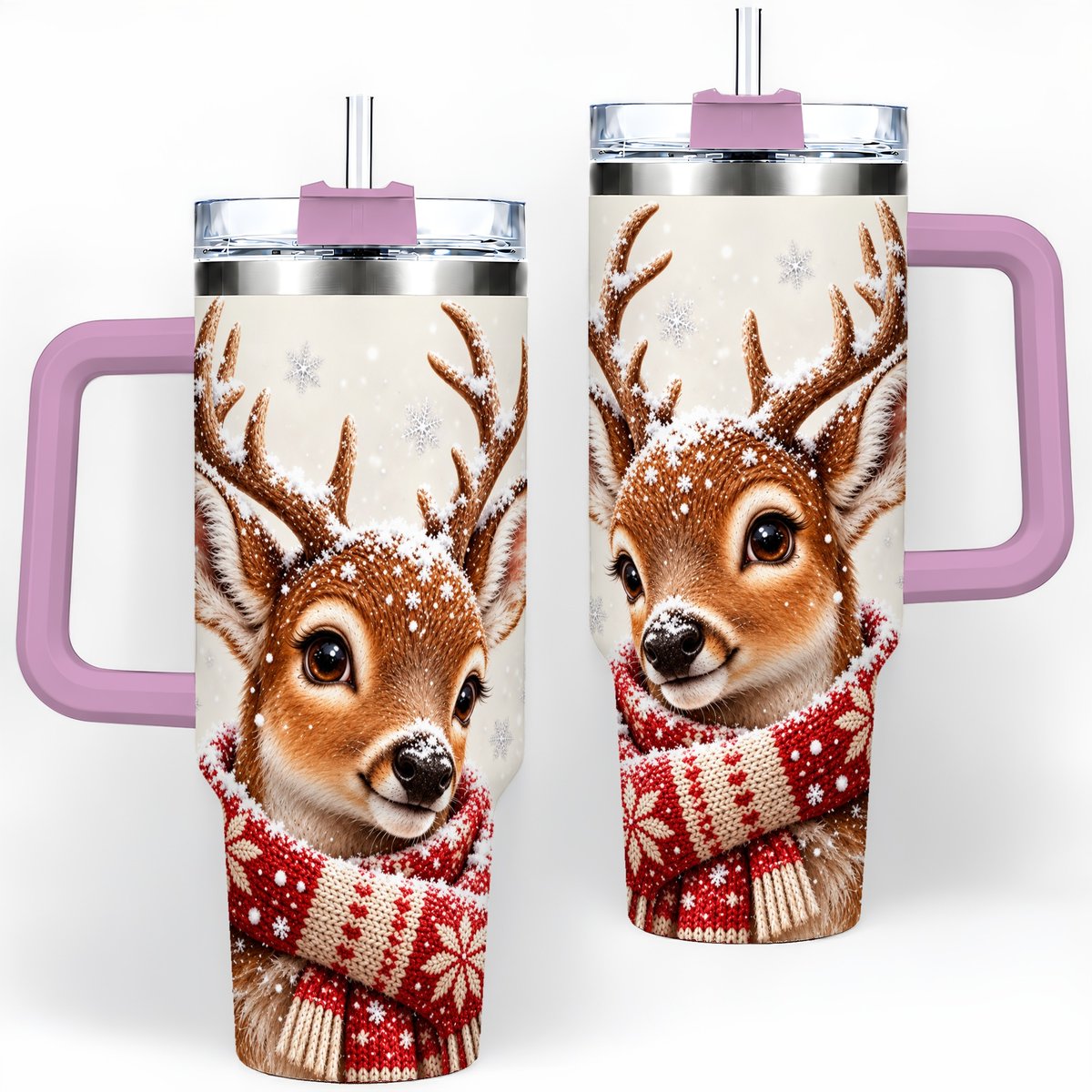 #pl[40oz|Pink] Snowy Deer Tumbler 40oz, Knitted Scarf-Style Artwork