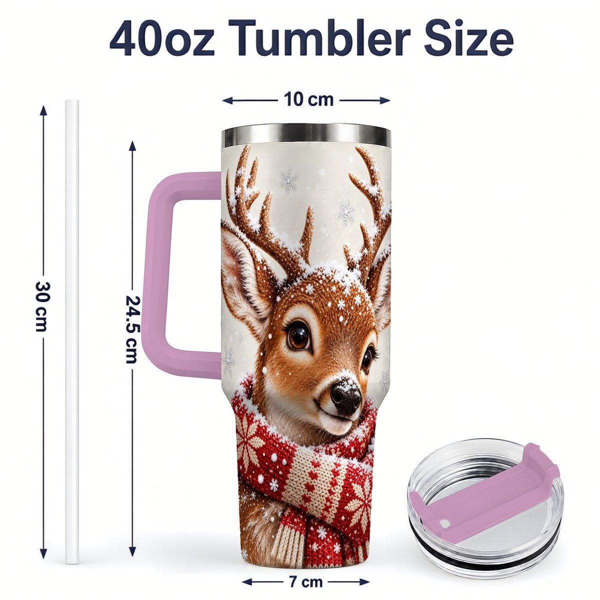 #pl[40oz|Pink] Snowy Deer Tumbler 40oz, Knitted Scarf-Style Artwork