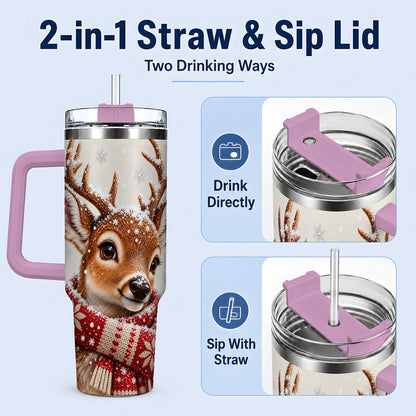 #pl[40oz|Pink] Snowy Deer Tumbler 40oz, Knitted Scarf-Style Artwork