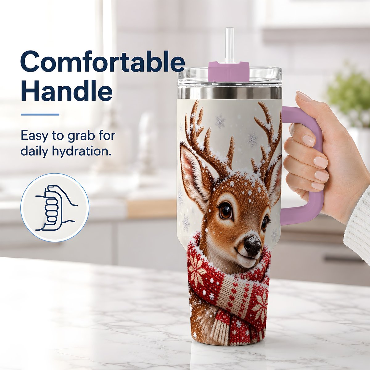 #pl[40oz|Pink] Snowy Deer Tumbler 40oz, Knitted Scarf-Style Artwork