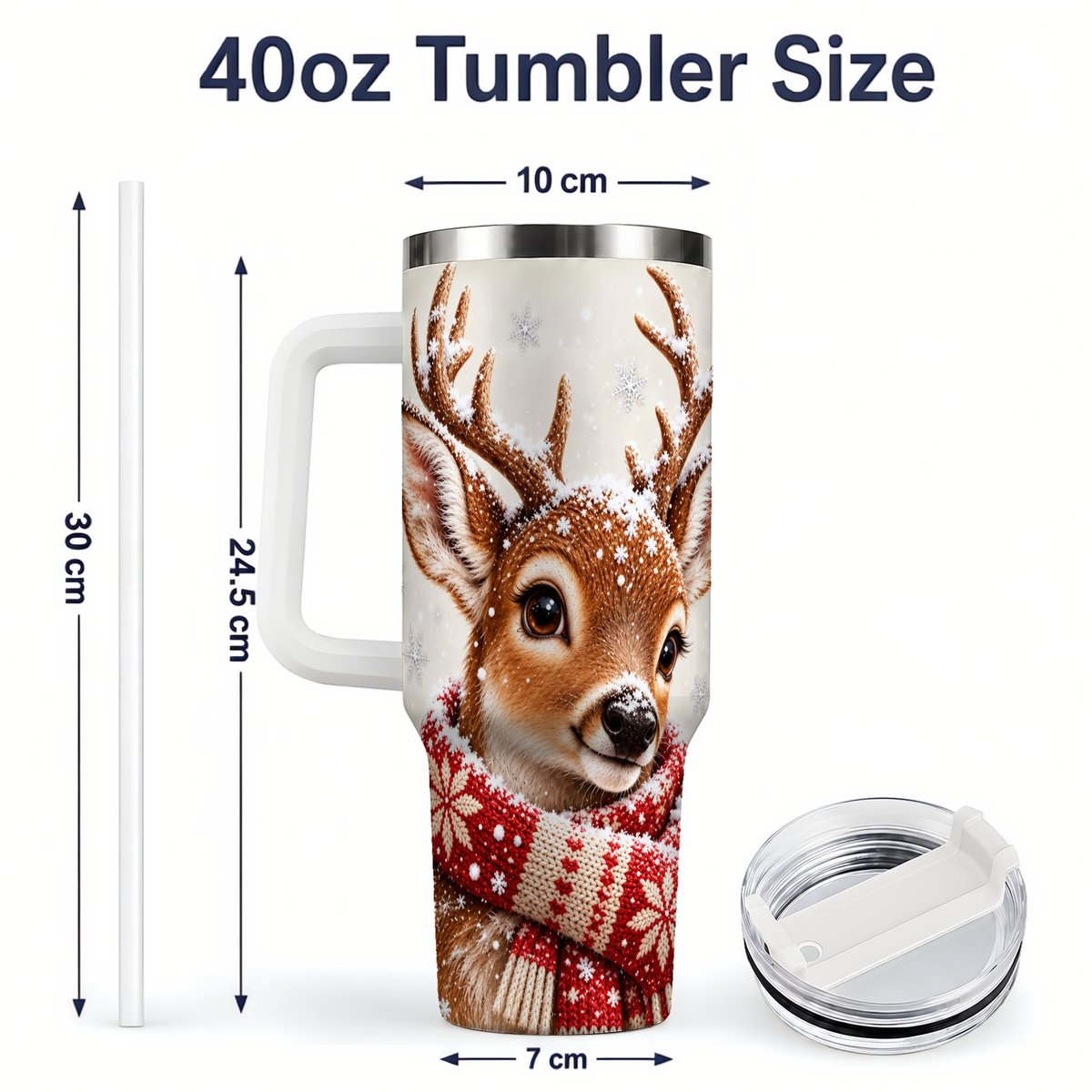 #pl[40oz|White] Snowy Deer Tumbler 40oz, Knitted Scarf-Style Artwork