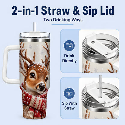 #pl[40oz|White] Snowy Deer Tumbler 40oz, Knitted Scarf-Style Artwork