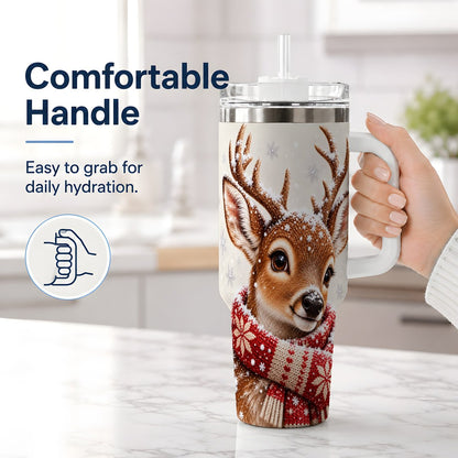 #pl[40oz|White] Snowy Deer Tumbler 40oz, Knitted Scarf-Style Artwork