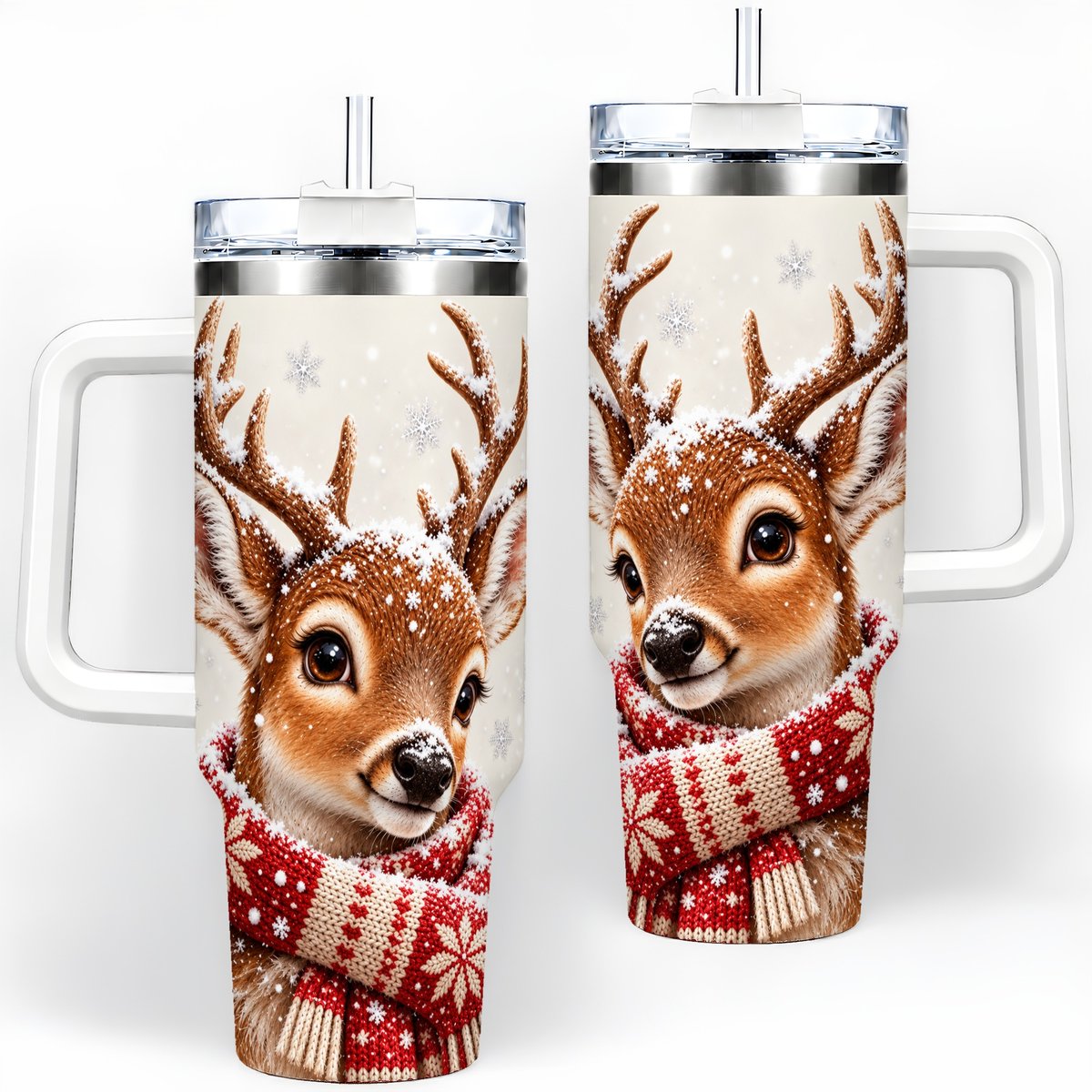 Snowy Deer Tumbler 40oz, Knitted Scarf-Style Artwork