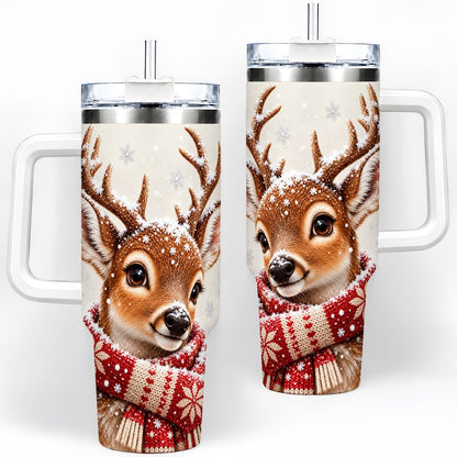 Snowy Deer Tumbler 40oz, Knitted Scarf-Style Artwork