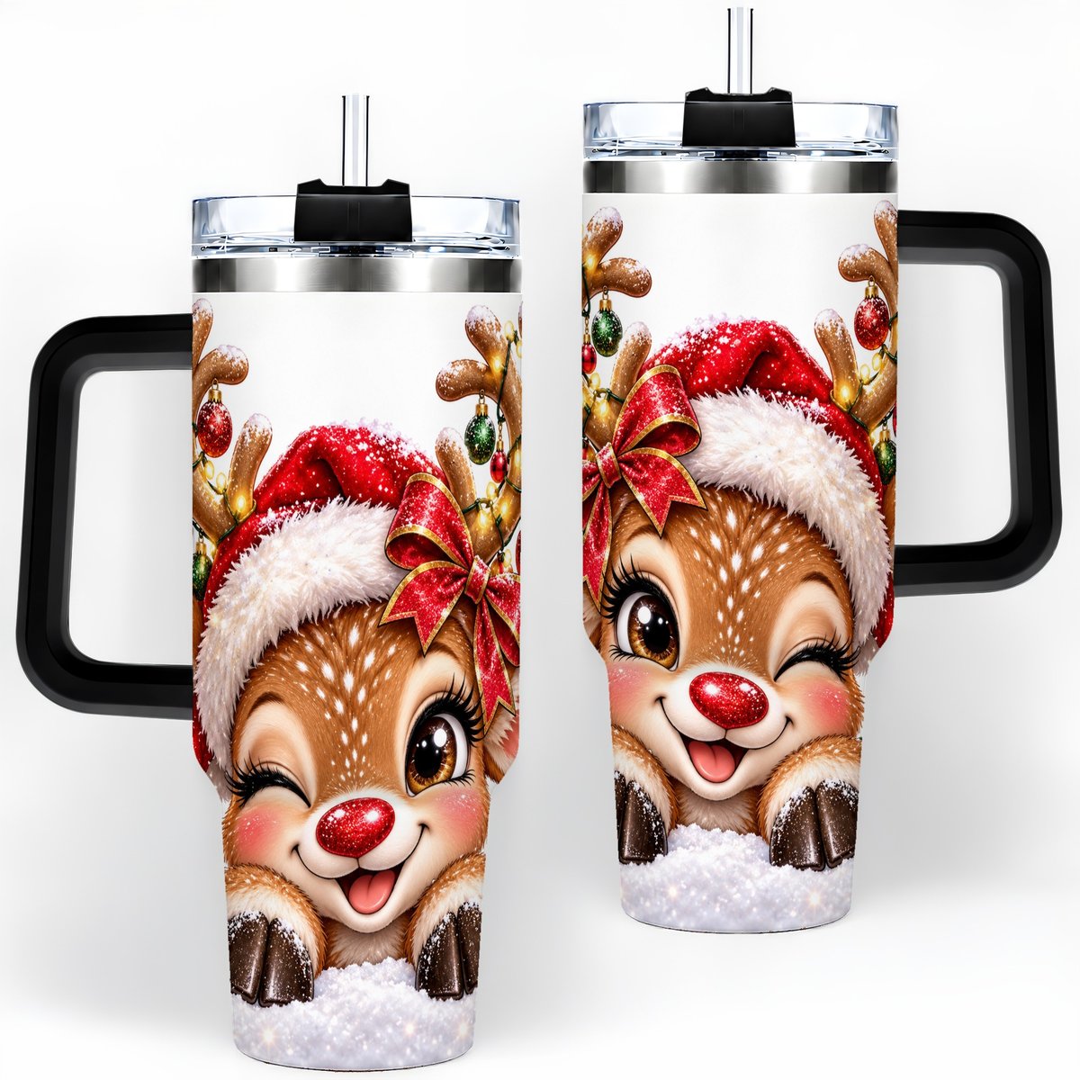 #pl[40oz|Black] Winking Reindeer Tumbler 40oz, Christmas Lights Artwork