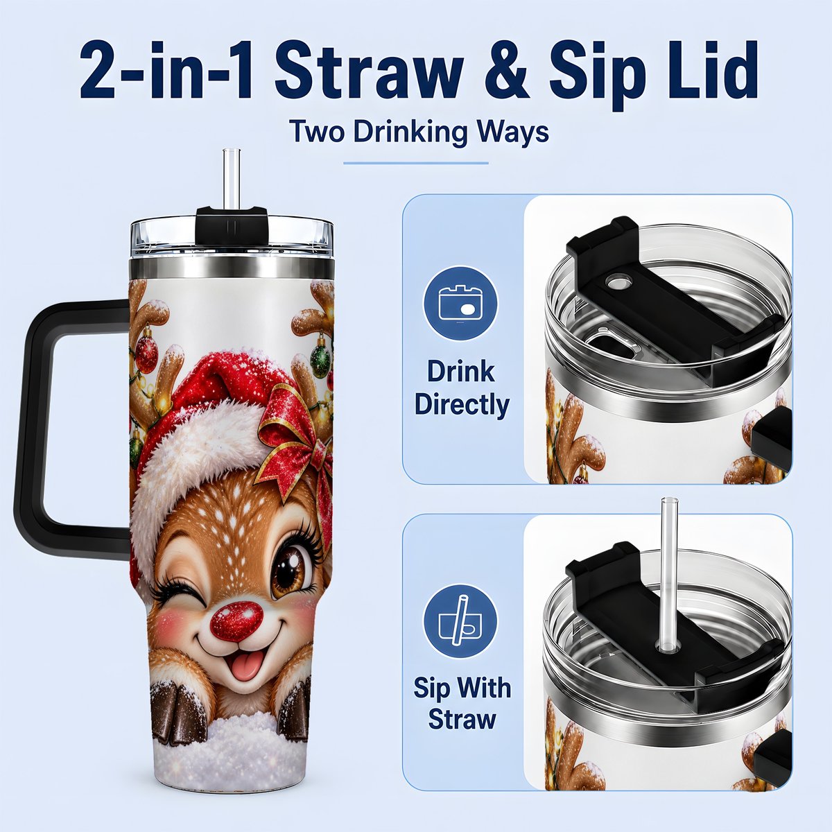 #pl[40oz|Black] Winking Reindeer Tumbler 40oz, Christmas Lights Artwork