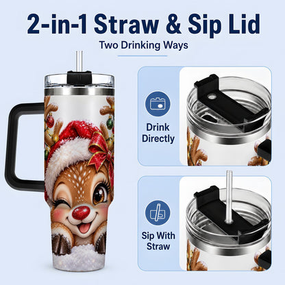 #pl[40oz|Black] Winking Reindeer Tumbler 40oz, Christmas Lights Artwork