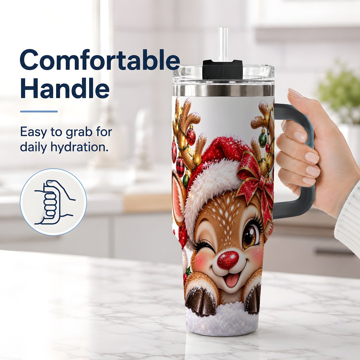 #pl[40oz|Black] Winking Reindeer Tumbler 40oz, Christmas Lights Artwork