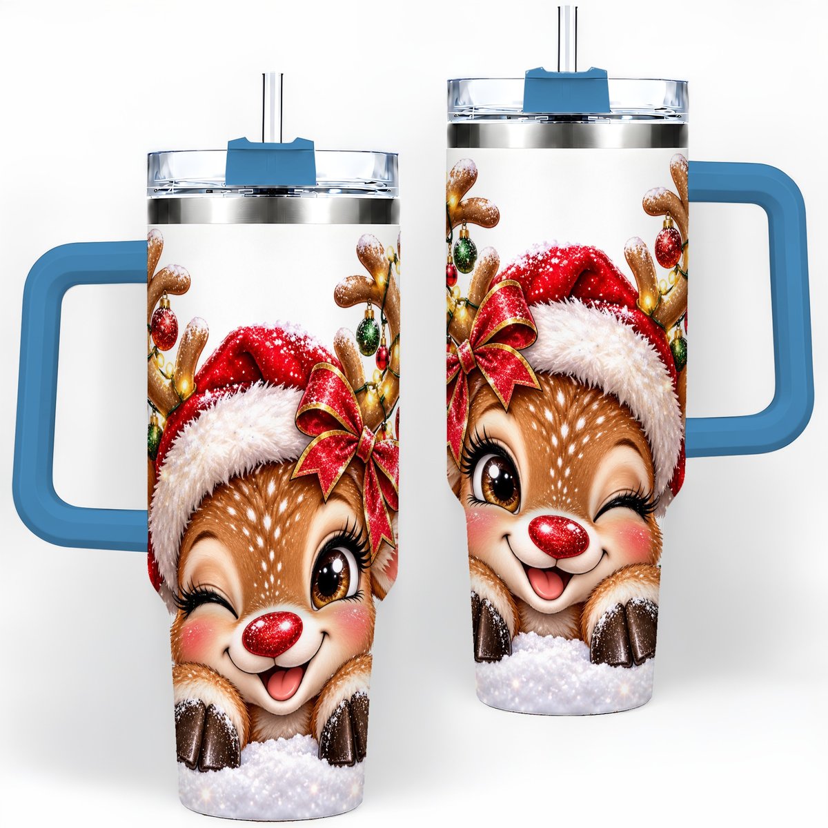 #pl[40oz|Blue] Winking Reindeer Tumbler 40oz, Christmas Lights Artwork