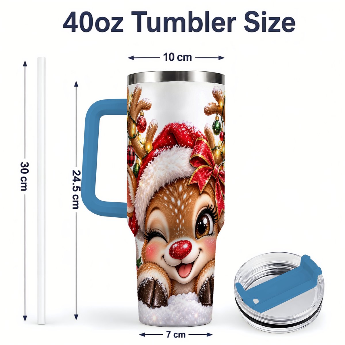 #pl[40oz|Blue] Winking Reindeer Tumbler 40oz, Christmas Lights Artwork