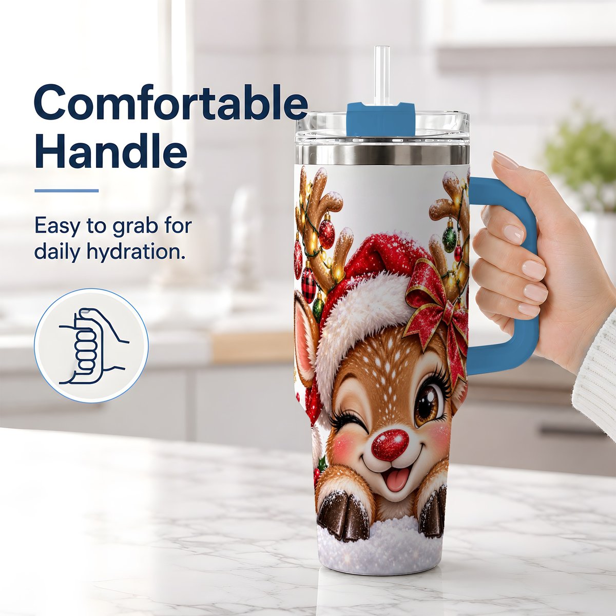 #pl[40oz|Blue] Winking Reindeer Tumbler 40oz, Christmas Lights Artwork