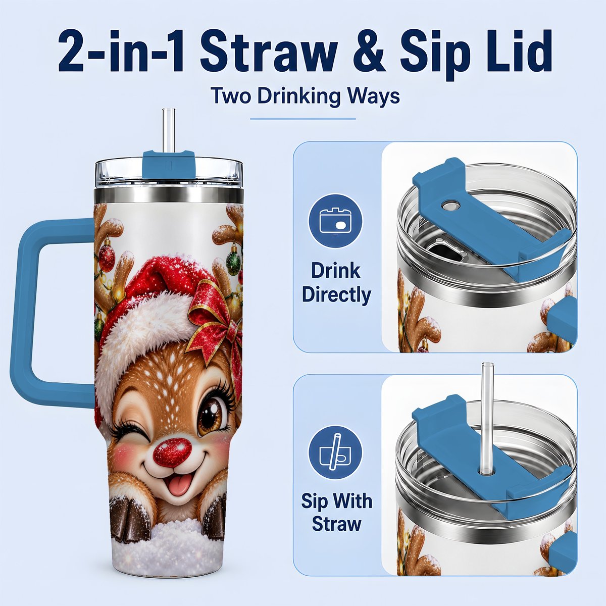 #pl[40oz|Blue] Winking Reindeer Tumbler 40oz, Christmas Lights Artwork