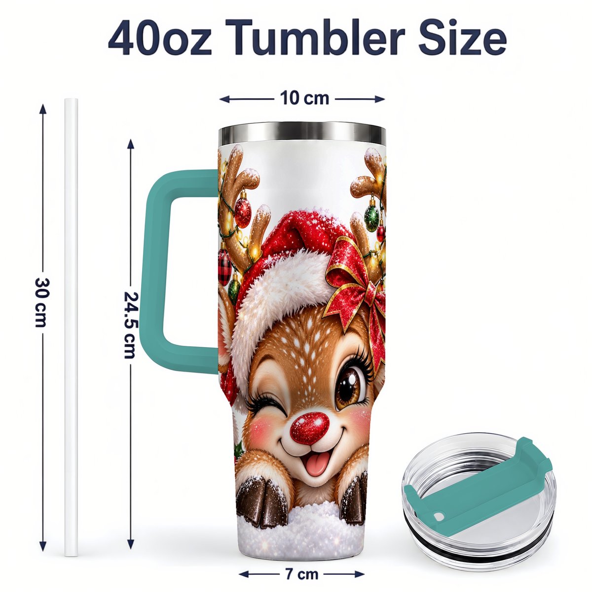 #pl[40oz|Green] Winking Reindeer Tumbler 40oz, Christmas Lights Artwork