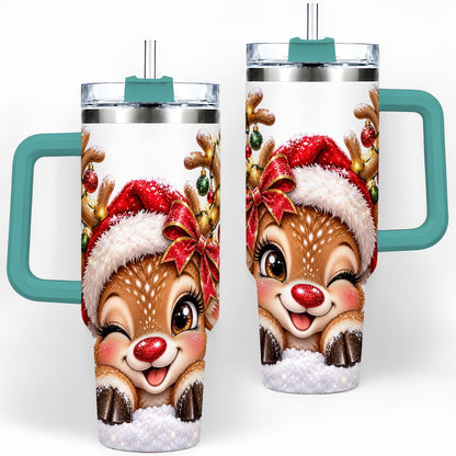 #pl[40oz|Green] Winking Reindeer Tumbler 40oz, Christmas Lights Artwork
