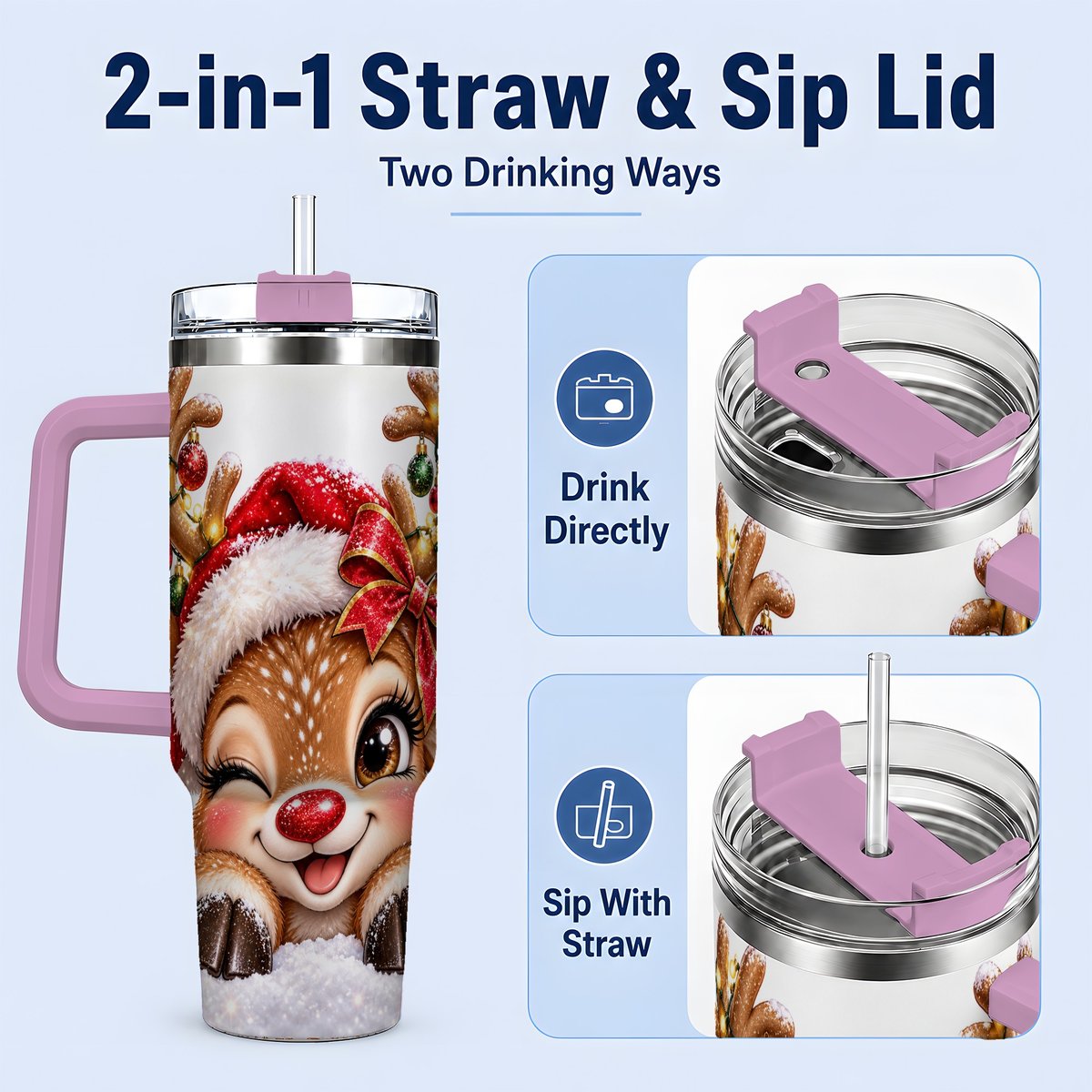 #pl[40oz|Pink] Winking Reindeer Tumbler 40oz, Christmas Lights Artwork