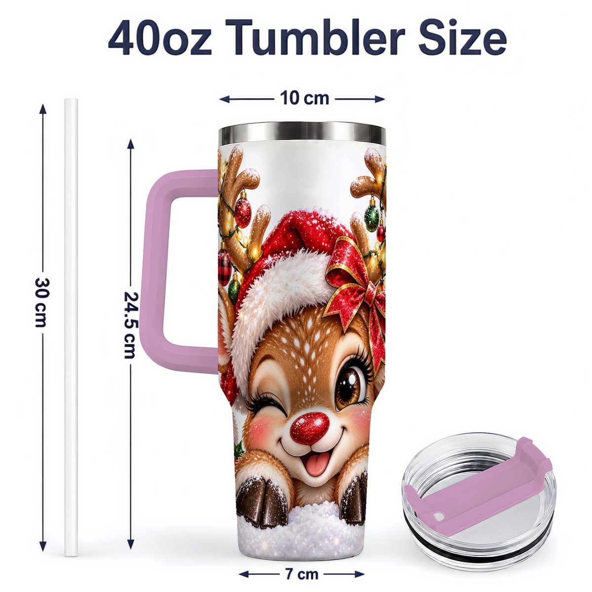#pl[40oz|Pink] Winking Reindeer Tumbler 40oz, Christmas Lights Artwork