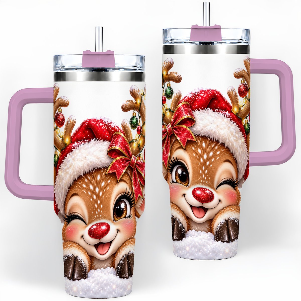 #pl[40oz|Pink] Winking Reindeer Tumbler 40oz, Christmas Lights Artwork